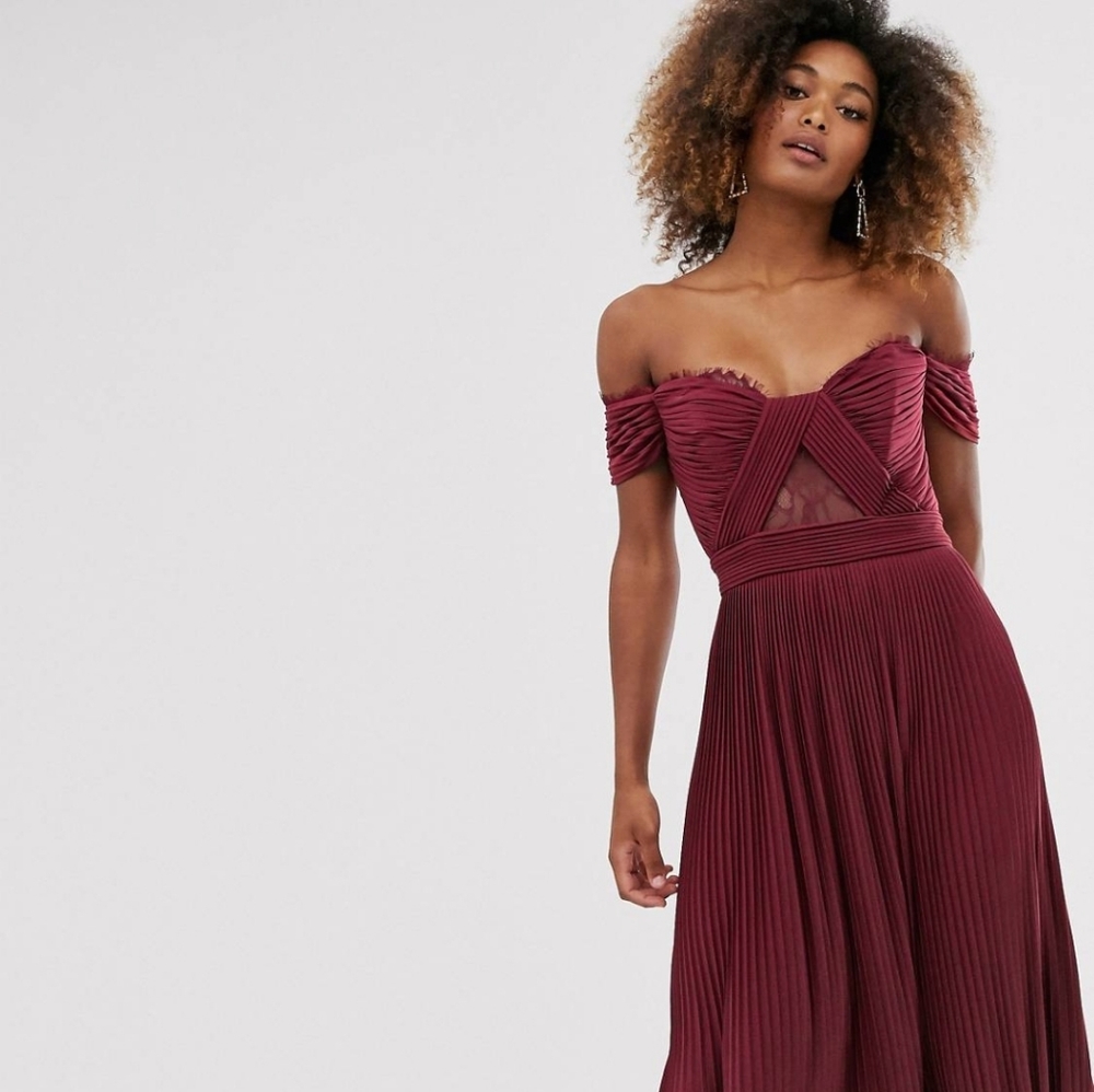 ASOS Wine Off-Shoulder Pleated Midi Dress